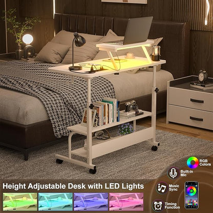 Height Adjustable Standing Desk with Power Outlets and LED Lights - 32" Manual Stand Up Desk with Monitor Stand and Storage Shelves Small Mobile Rolling Computer Desk Portable Laptop Table, White