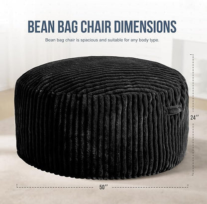 Hobestluk 5ft Bean Bag Chairs for Adults Large Beanbag Chair with Stripe Plush Cover Big Bean Bag Chair for Living Room Bedroom Dorm Office -Black (50” x 50” x 24”)