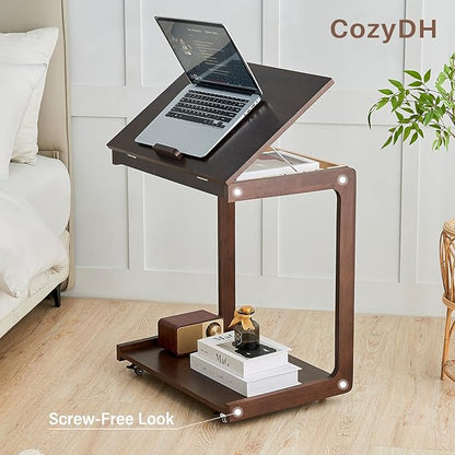 CozyDH Adjustable C Shaped End Table, Rolling Side Table Solid Wood TV Sofa Tray Table for Couch Arm Eating Multi-Purpose, Small Coffee Table with Wheels Living Room Bedroom, Dark Walnut