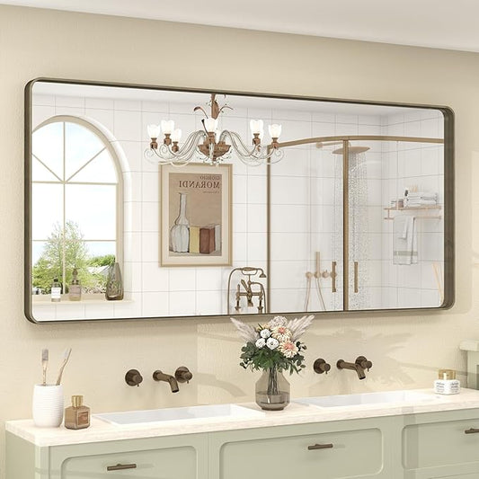 60x28 Bronze Bathroom Mirror for Wall, Brushed Bronze Metal Framed Bathroom Vanity Mirror, Rounded Corner, Shatterproof, Anti-Rust (Horizontal/Vertical)
