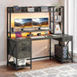 DWVO Computer Desk with Drawers & Hutch, 59.1" Office Desk with Power Outlets & LED Lights, Home Office Desk with Storage Shelves, Grey
