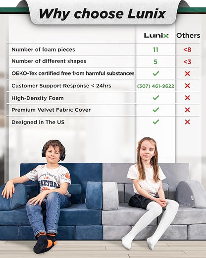 Lunix LX22 11pcs Modular Kids Play Couch, Child Sectional Sofa, Fortplay Bedroom and Playroom Furniture for Toddlers, Convertible Foam and Floor Cushion for Boys and Girls, Gray
