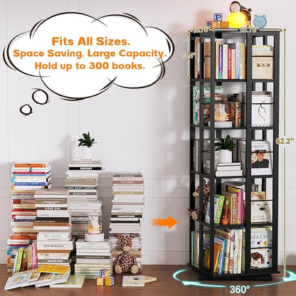 Aheaplus Rotating Bookshelf, Corner Bookcase, 360 Display Wood Spinning Bookshelves, Floor Standing Bookcases Narrow Shelf, 5 Tiers, Black
