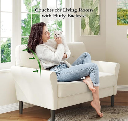 Small Sofa Couch, 48" Loveseat Sofa, Soft Velvet Love Seat Couches, Small Couch for Bedroom with 21" Deep Seat, Comfy Couches for Living Room, Tool-Free Setup Sofas for Living Room, White