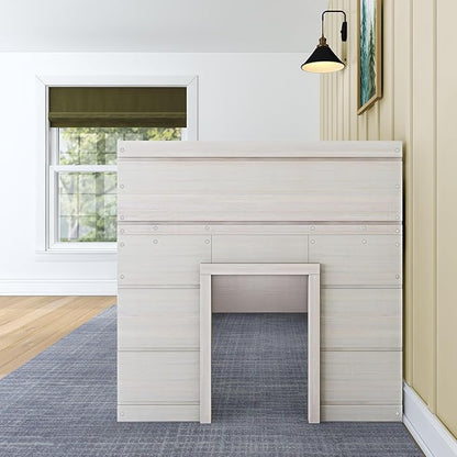 Max & Lily Modern Farmhouse Twin Low Loft Bed with Two Windows - Solid Wood, 15” Guardrails, 400-lb Capacity, Low-VOC Finish, White Wash