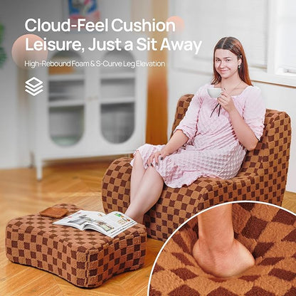 Giant Bean Bag Chair for Adults with Ottoman, Teddy Fabric Beanbag Chair with Memory Foam Filled,Plush Lazy Floor Sofa with Footstool Couch for Living Room,Bedroom,Dorm, Apartment, Brown