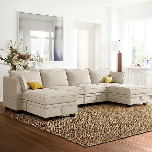 115.1 Inch Oversized U-Shape Sectional Sofa with Removable Ottoman and Storage Seat, Modular Upholstered Convertible Couch Bed w/Reversible Chaise for Living Room, Office, Beige