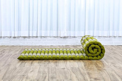 Leewadee - Foldable Floor Mattress - Japanese Roll Up Futon -Trifold Tatami Mat- Guest Floor Bed - Camping Mattress - Thai Massage Mat, Kapok Filled, 75 x 28 inches, Green