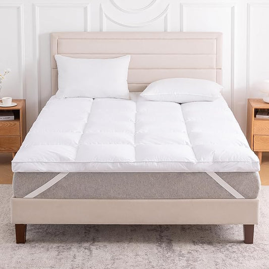 3 Inch White Goose Feather Mattress Topper,Full Feather Bed Topper,Mattress Cover with Straps,Ultra Soft Pillowtop,100% Organic Cotton Fabric(54”x75”)