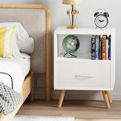 Night Stand, White Kids Nightstand with Drawer, Nursery Side Table with Open Storage, 2-Tier Modern End Table, Bedside Table for Small Space, Living Room, Bedroom