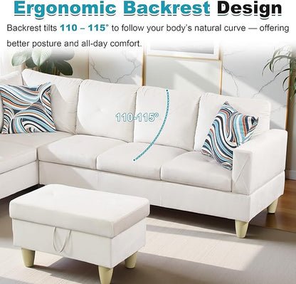 97" Oversized Sectional Couch, L Shaped Couch with Storage Ottoman, Modern Modular Sofa with Deep Seat, Sectional Couches for Living Room and Office, White (Flannel)