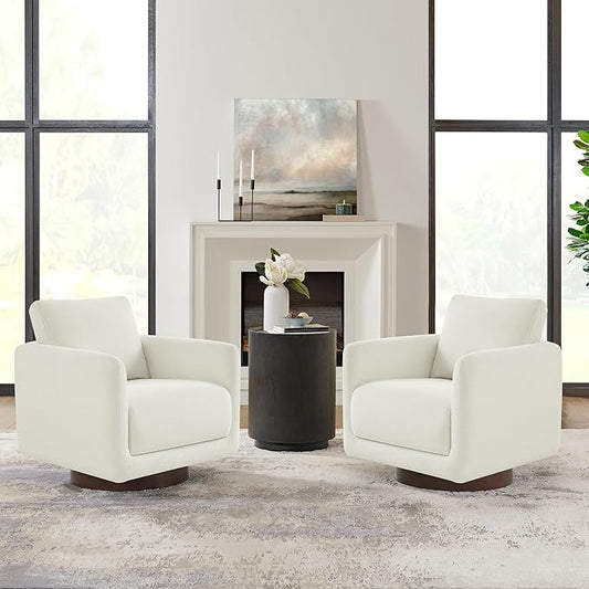 Modern Swivel Accent Chair, 360° Rotating Round Barrel Armchair with Performance Fabric Upholstery for Living Room, Bedroom, Office, Reading Nook, Set of 2,Cream