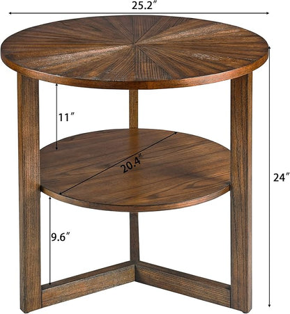 Large Round End Table with Storage Shelf, 25.2" Dia Rustic Beside Tables with Umbrella Top, Traditional Circular Sofa Side Table-,Telephone Table for Living Room Easy Assembly, Vintage Brown CJZ3338NC