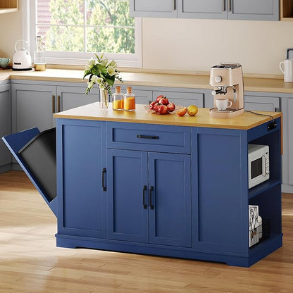 YITAHOME 50" Kitchen Island with Power Outlet & Drop Leaf, Rolling Island Cart with Trash Can Cabinet, Mobile Storage Islands with Microwave Rack, Door Storage Spice Rack, Navy Blue