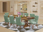 NEDA9-AWA-22 9-Piece Modern Dining Table Set Consists of a Kitchen Table and 8 Willow Green Polyester Dining Chairs with Button Tufted Back, 44x100 Inch, Antique Walnut