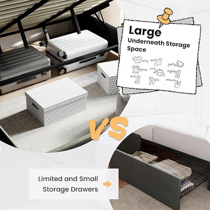 SHA CERLIN Full Size Lift Up Storage Bed/Modern Wingback Headboard/Upholstered Platform Bed Frame/Hydraulic Storage/No Box Spring Needed/Wood Slats Support/Dark Grey
