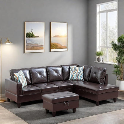 L Shaped Sectional Couches, Modern Modular Sectional Sofa for Living Room Bedroom Furniture, Cozy 4 Seat Couch with Ottoman Storage & Chaise, Brown