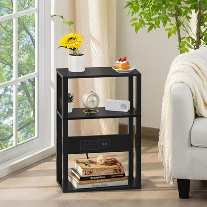 3-Tier Small Narrow Wood Side Table with Charging Station, Skinny Nightstand for Small Space, Slim Bedside Table with Storage for Couch, Thin End Table with USB Ports and Outlets, Black