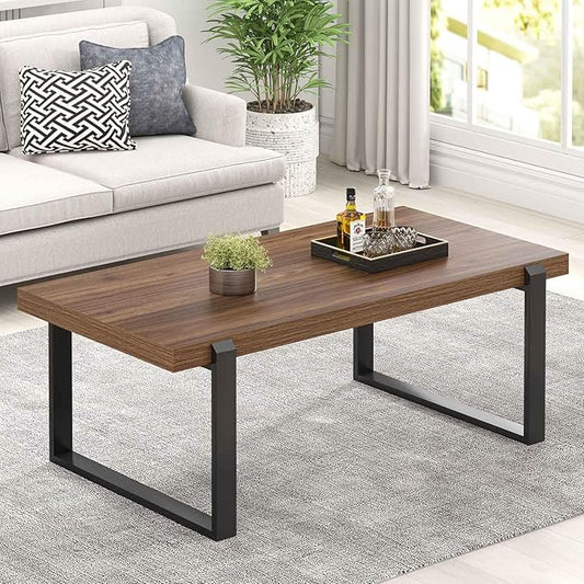 FOLUBAN Modern Coffee Table, Rustic Wood and Metal Center Table, Industrial Rectangle Cocktail Tea Table for Living Room, Walnut, 47 Inch