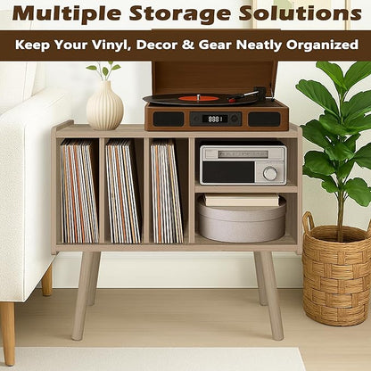 Record Player Stand with Vinyl Storage, Wooden Record Player Table with 5 Cabinet, Large Vinyl Record Player Stand, Record Player Holder, Record Player Shelf for Office Living Room, White Oak