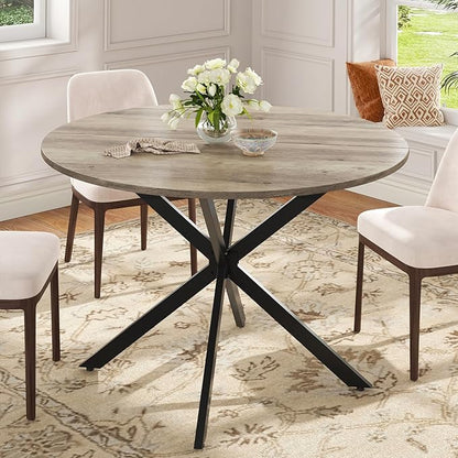 Unovivy 47" Round Dining Table for 4-6, Space Saving Circle Kitchen Dinner Table, Industrial Mid Century Modern Dining Room Desk for Kitchen, Apartment, Light Ivory
