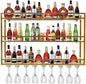Metal Wine Rack Wall Mounted, Bar Shelves for Liquor Bottles with LED Light, 3 Tier Large Capacity Liquor Rack Wall Mounted with Glass Holder for Home Bar & Dining Room （Gold, 39in/100cm）