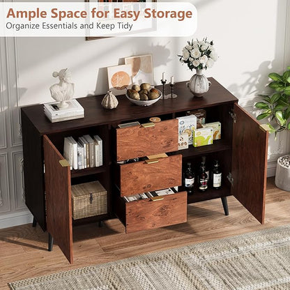GarveeHome Buffet Cabinet with Drawers, 51.2'' Large Sideboard Buffet Credenza Storage Cabinet with Shelves and Doors, Coffee Station Cabinet with Metal Handle, Robot Vacuum Friendly (Walnut)