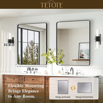 TETOTE Black Mirror 28 x 36 Matte Black Metal Framed Vanity Mirror, Tempered Glass, Wall Mounted for Bathroom, Entryway, Bedroom, Living Room(Horizontal/Vertical)