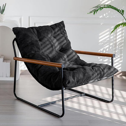MAXYOYO Modern Accent Chair, Comfy Living Room Chair with Metal Frame Wooden Armrest, Upholstered Armchair with Soft Cushion for Bedroom Balcony Lounge Reading Room, Black