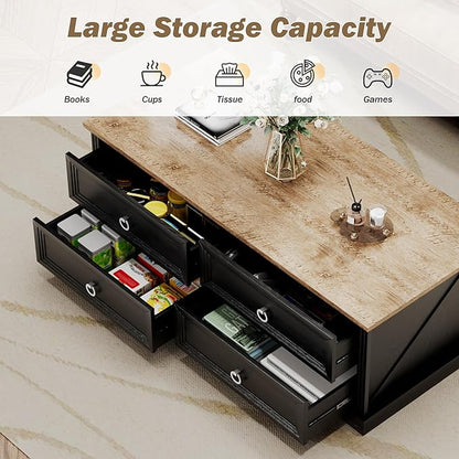 Rustic Coffee Table with Drawers 47 inch Living Room Tables with Storage, Wooden Center Table for Reading Playing Room Home Accent Table for Dining Room Apartment, Dark Oak Black