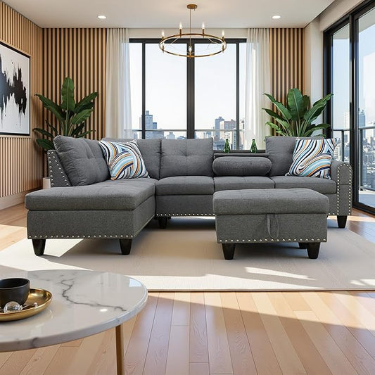 97.5" Oversized Sectional Couch, L Shaped Couch with Storage Ottoman, Modern Modular Sofa with Deep Seat, Sectional Couches for Living Room and Office, Grey (Linen)