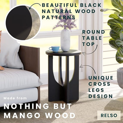 Stupa Solid Wood End Table – 22" Tall Round Side Table for Living Room or Bedroom, Handcrafted Accent Table in Distressed Black Finish, Easy Assembly, Modern Minimalist Design for Small Spaces