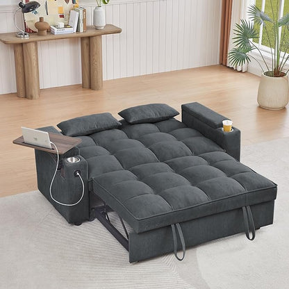 3 in 1 Queen Loveseat Convertible Sofabed Modern Living Room Multifunctional Sleeper Sofa Convertible Spacious Sofa Bed W/Pull Out Sleeper Couch Bed Armrests Storage,Cupholders,USB Ports ,Side Table