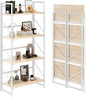 JSB No Assembly Folding Bookshelf, 4 Tier Industrial Metal Book Shelf for Storage, Vintage Wood Foldable Bookcase for Living Room, Bedroom, Office Organization Shelves