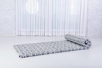 Leewadee - Foldable Floor Mattress - Japanese Roll Up Futon -Trifold Tatami Mat- Guest Floor Bed - Camping Mattress - Thai Massage Mat, Kapok Filled, 75 x 28 inches, Blue White