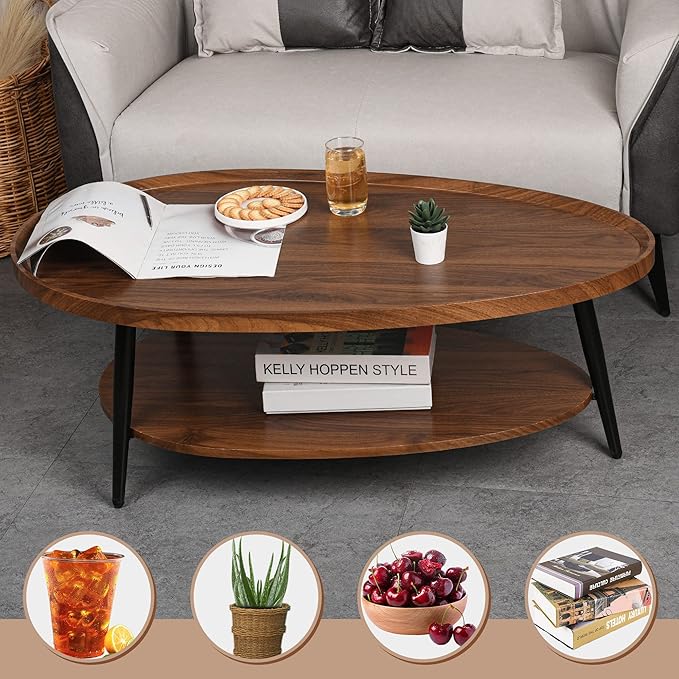 2-Tier Water-Shaped Wood Center Table Mid Century Oval Coffee Table Rustic Farmhouse for Living Room, Bedroom, 40", Brown