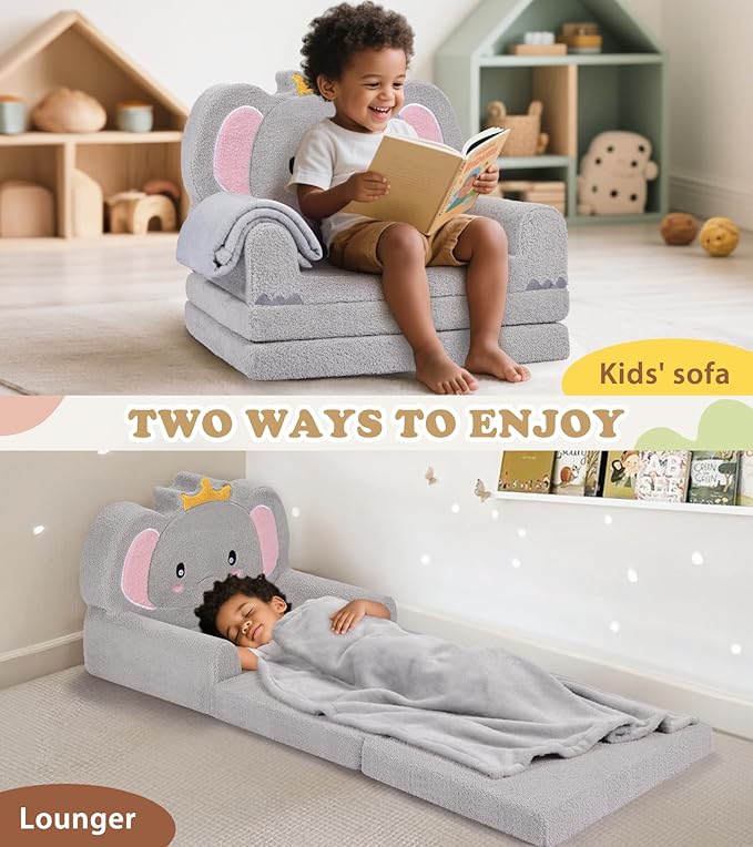 Kids Couch, 2-in-1 Soft Toddler Couch Fold Out with Blanket, Chair Comfy, Foldable Convertible Plush Sofa to Lounger, Gifts for Kids Girl Boys, Elephant