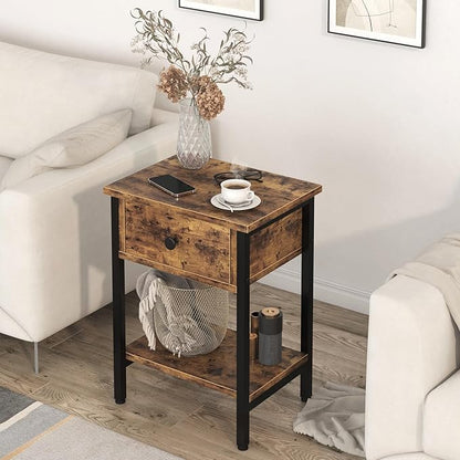 Nightstands Set of 2 with Wood Drawers, Bedside Table Set of 2 with Storage Shelf, Heavy Duty End Side Table for Bedroom Living Room Bedroom Small Space Sofa Couch, Wooden Metal Night Stand, Black