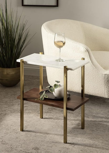 Kate and Laurel Abcott Midcentury Side Table, 20 x 12 x 24, Walnut Brown and Gold, Decorative Two-Tier Bedroom Nightstand Table with Genuine Marble Tabletop