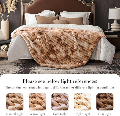 Amélie Home Faux Fur Throw Blanket for Couch, Cozy Fuzzy Fluffy Fur Luxurious Soft Striped Plush Gift Blankets for Family Sofa Chair Bed Living Room Bedroom, 55"x70", Tie-dye Khaki
