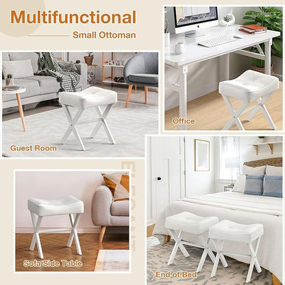18-Inch Leather Vanity Stool Chair, Vanity Bench with Metal X-Leg, Ottoman Foot Stool with Thick Padded Saddle Seat, White