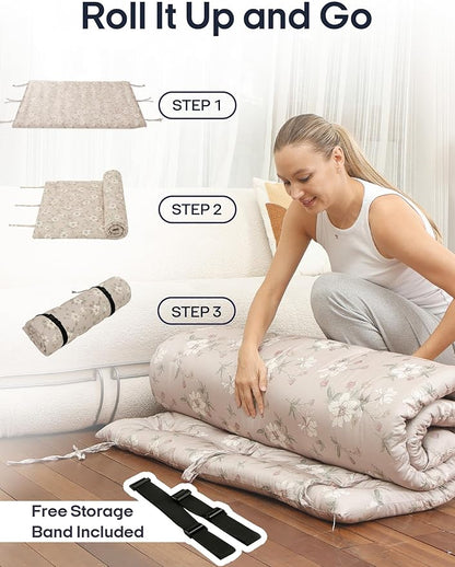 Syrinx Japanese Floor Futon Mattress, Foldable Tatami Sleeping Pad for Adults & Kids, Roll-Up Floor Bed or Bench Cushion