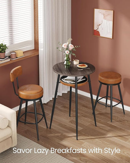 VASAGLE EKHO Collection - Bar Table with Storage, Round High Pub Table, Synthetic Leather with Stitching, Mid-Century Modern, Kitchen Home Bar, Living Room, Easy Assembly, Ash Brown and Caramel Brown