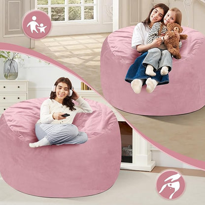 Homguava 4 FT Bean Bag Chair: 4' Bean Bags with Memory Foam Filled, Large Beanbag Chairs Soft Sofa with Dutch Velvet Cover-Light Pink