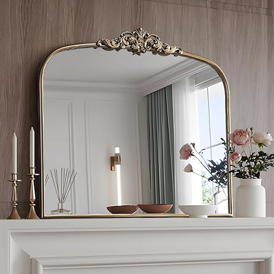 Vintage Gold Ornate Baroque Mirror, 30” x 36” Arched Antique Brass Mirrors for Fireplace Mantel, Arch Bathroom Vanity Mirror for Wall with Metal Frame for Entryway Bedroom Living Room