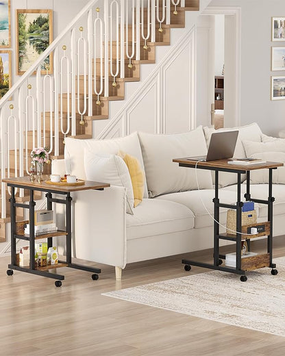 Height Adjustable End Table with Charging Station, Mobile C Shaped Laptop Side Table with Wheels, 3-Tier Sofa Couch Table with Storage Shelve for Living Room Bedroom, Rustic Brown