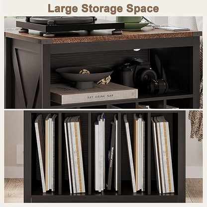ChooChoo Large Record Player Stand with Charging Station & LED Light, Vinyl Record Holder hold up to 300 Albums, Farmhouse End Table for Bedroom, Living Room, Black