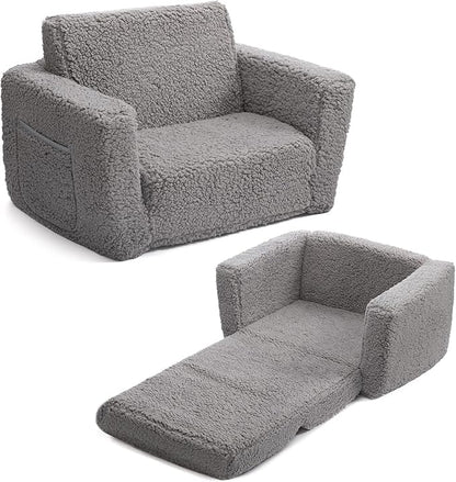 ALIMORDEN 2-in-1 Flip Out Cuddly Sherpa Toddler Couch, Convertible Sofa to Lounger, Grey