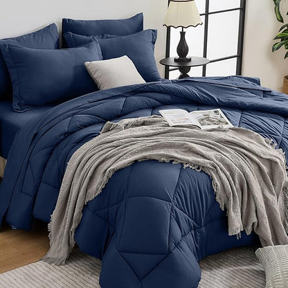 HEVUMYI Navy Blue Queen Comforter Set - 7-Piece All Season Bed in a Bag Queen, Ultra Soft Bedding Set with Comforter, Flat Sheet, Fitted Sheet, Pillowcases, Pillow Shams, Navy Blue