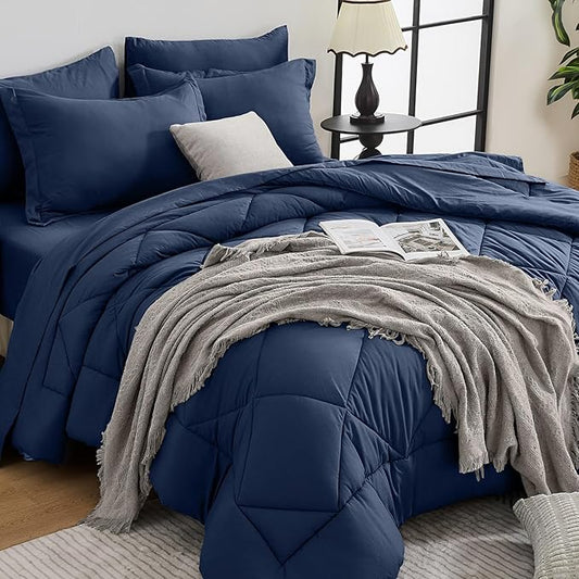 HEVUMYI Navy Blue Full Comforter Set - 7-Piece All Season Bed in a Bag Full, Ultra Soft Bedding Set with Comforter, Flat Sheet, Fitted Sheet, Pillowcases, Pillow Shams, Navy Blue
